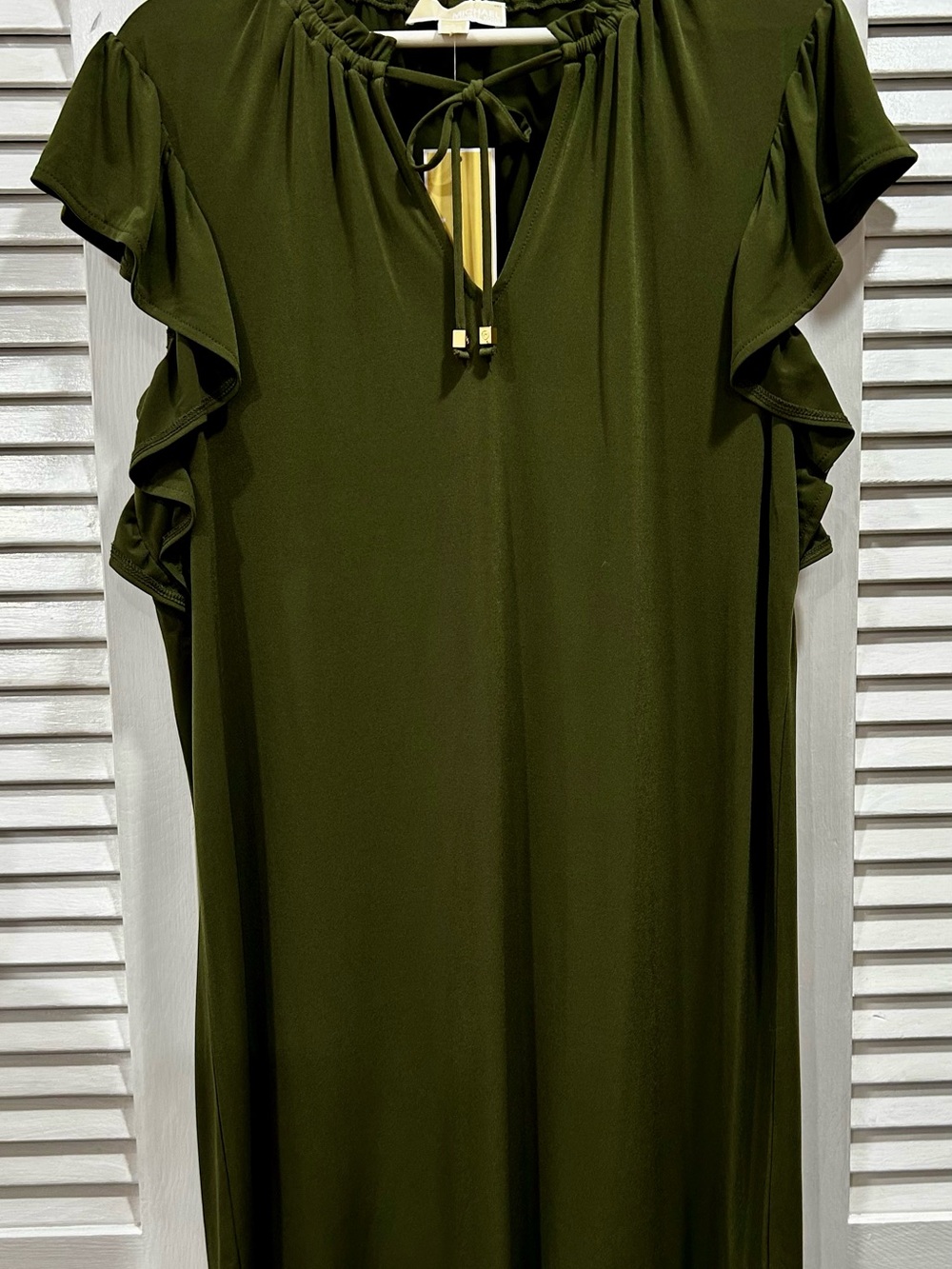 Michael Kors Olive Green Tie-Front Midi Dress with Ruffle sleeve